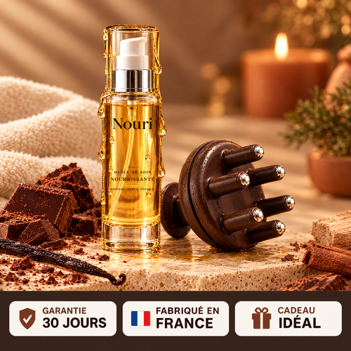 Le duo Nouri : huile de soin nourrissante et brosse de massage à billes chromées