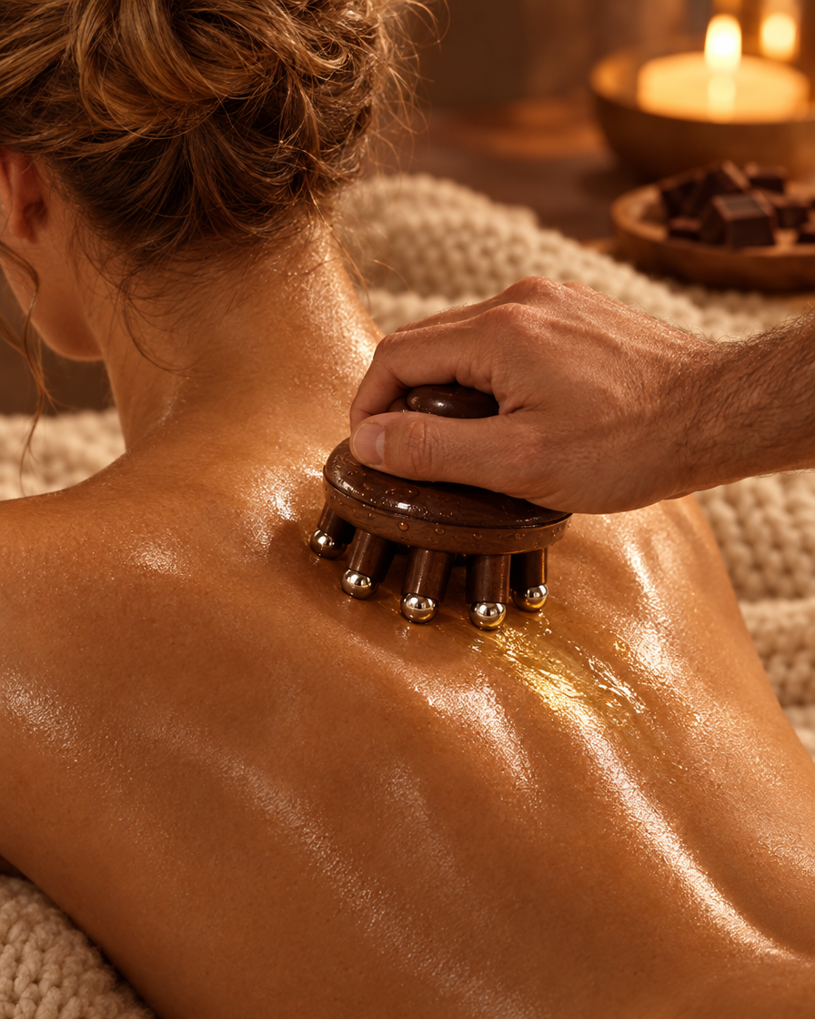 Massage du haut du dos avec la brosse à billes chromées