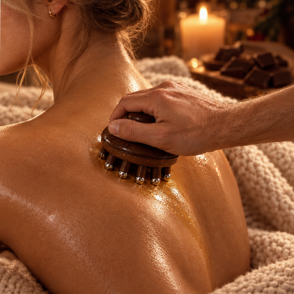Brosse de massage à billes chromées qui glisse sur une épaule huilée